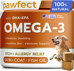 PAWFECTCHEW emballage saumon, soutien oméga 3 pour chien.