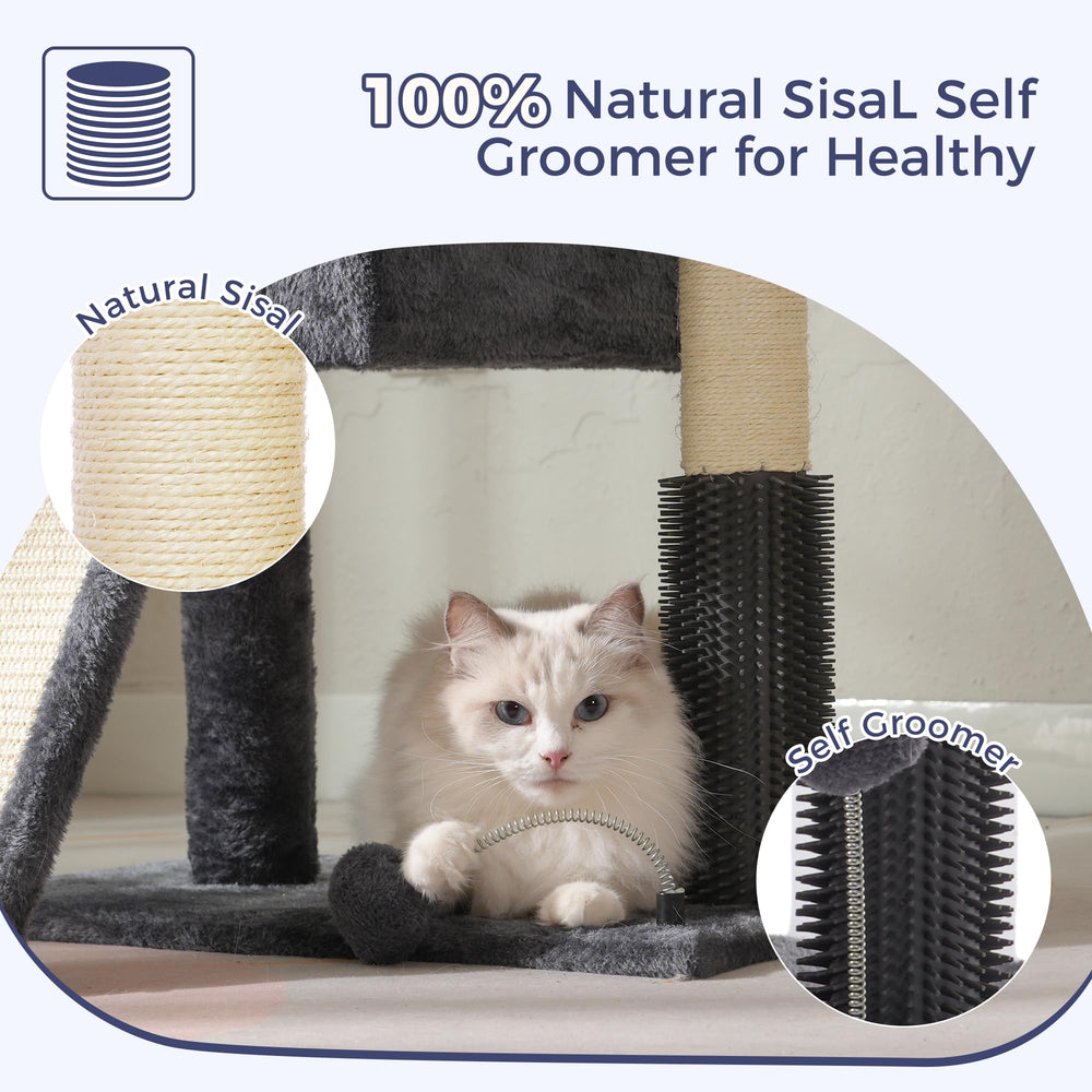 Pawfessor arbre-chat groomer intègre: massage doux et toilettage léger du pelage.