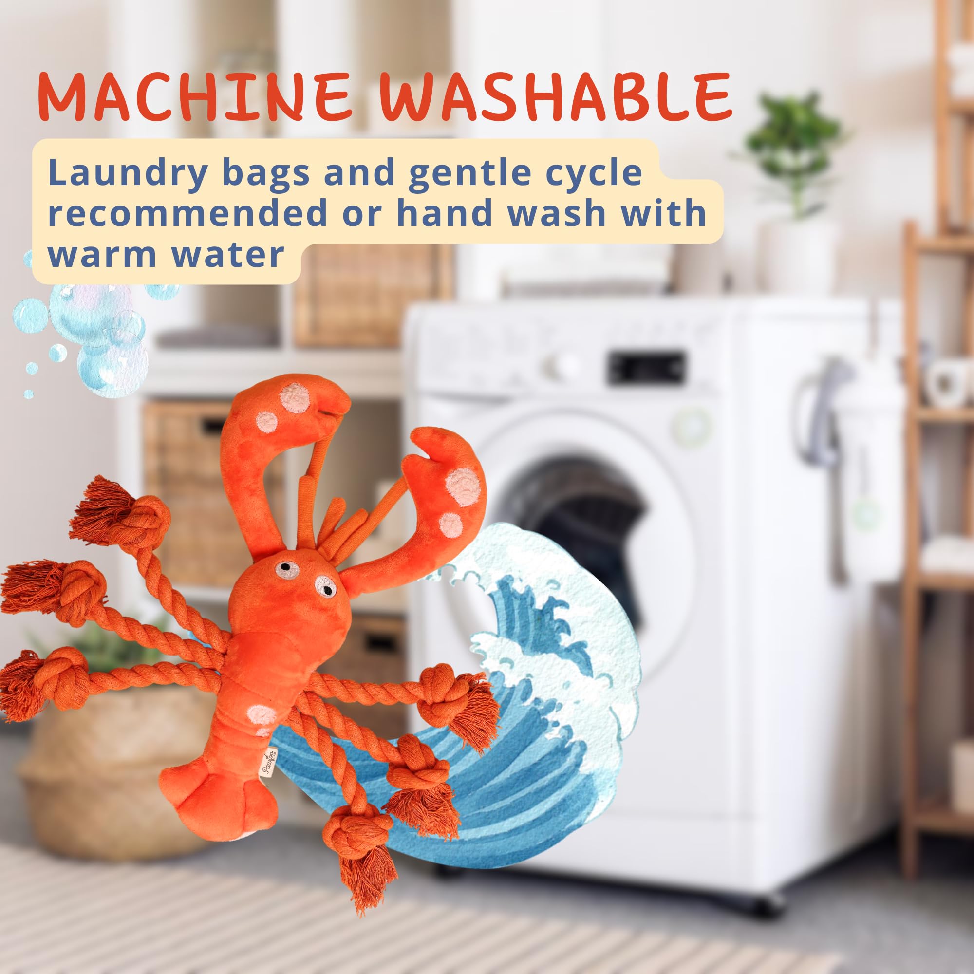 Pawfoo Lab homard peluche lavable en machine : nettoyage facile après aventures.