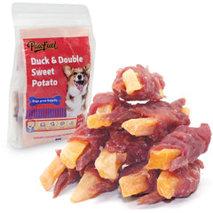 PawFuel Canard enrobé de patates jaunes et violettes, récompense idéale pour l’entraînement.