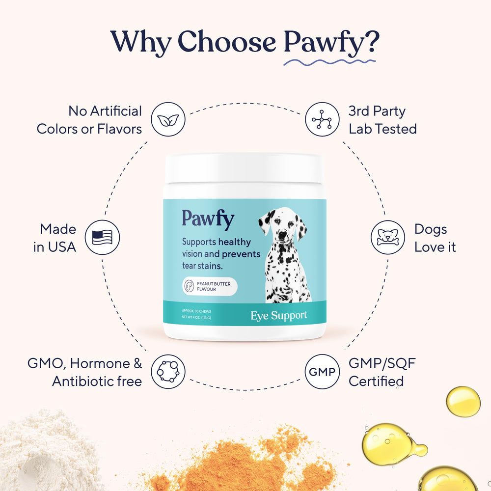 Pawfy Eye Support Soft Chews, chien mange les bouchées avec joie.