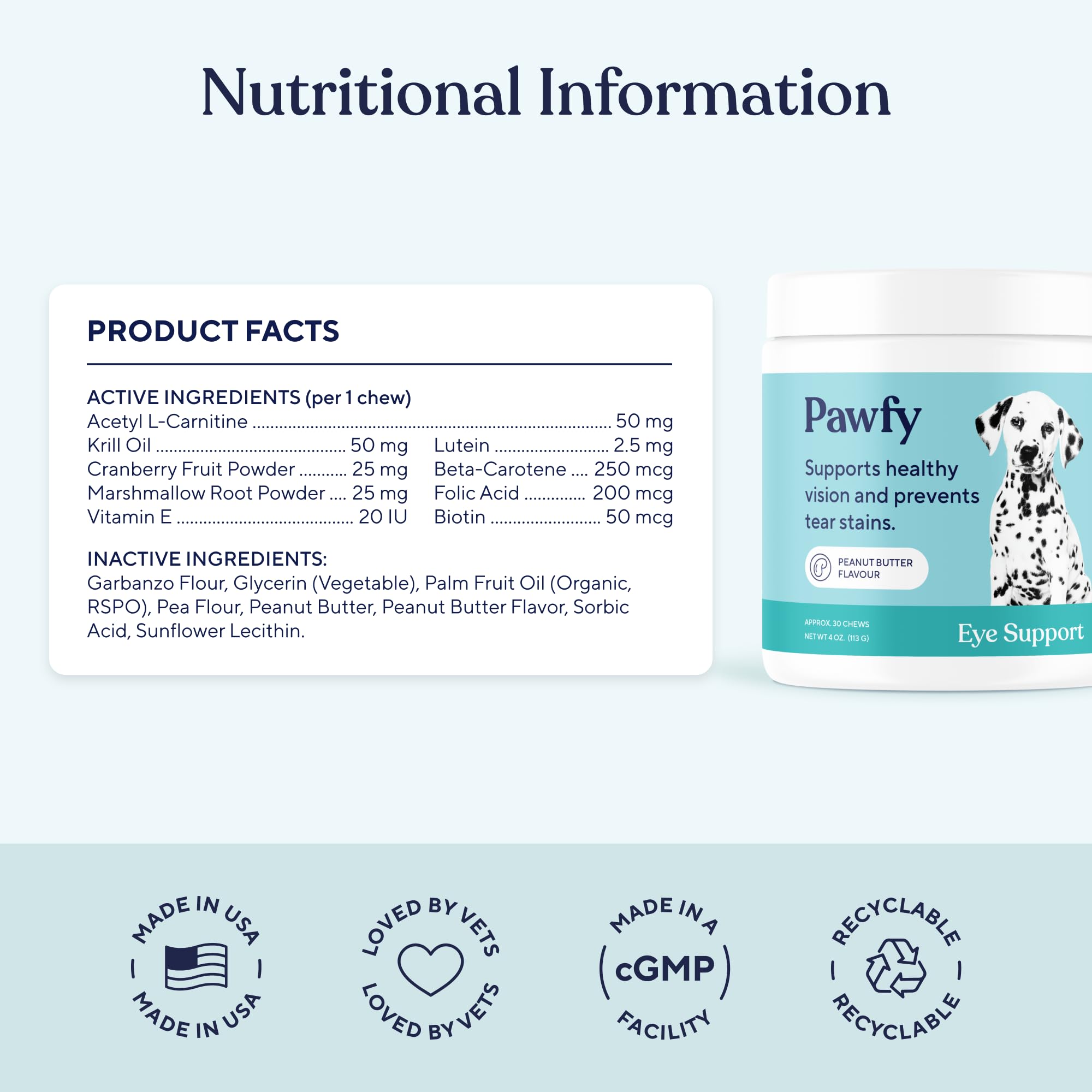 Pawfy Eye Support Soft Chews, huile de krill, soutien potentiel pour les yeux.