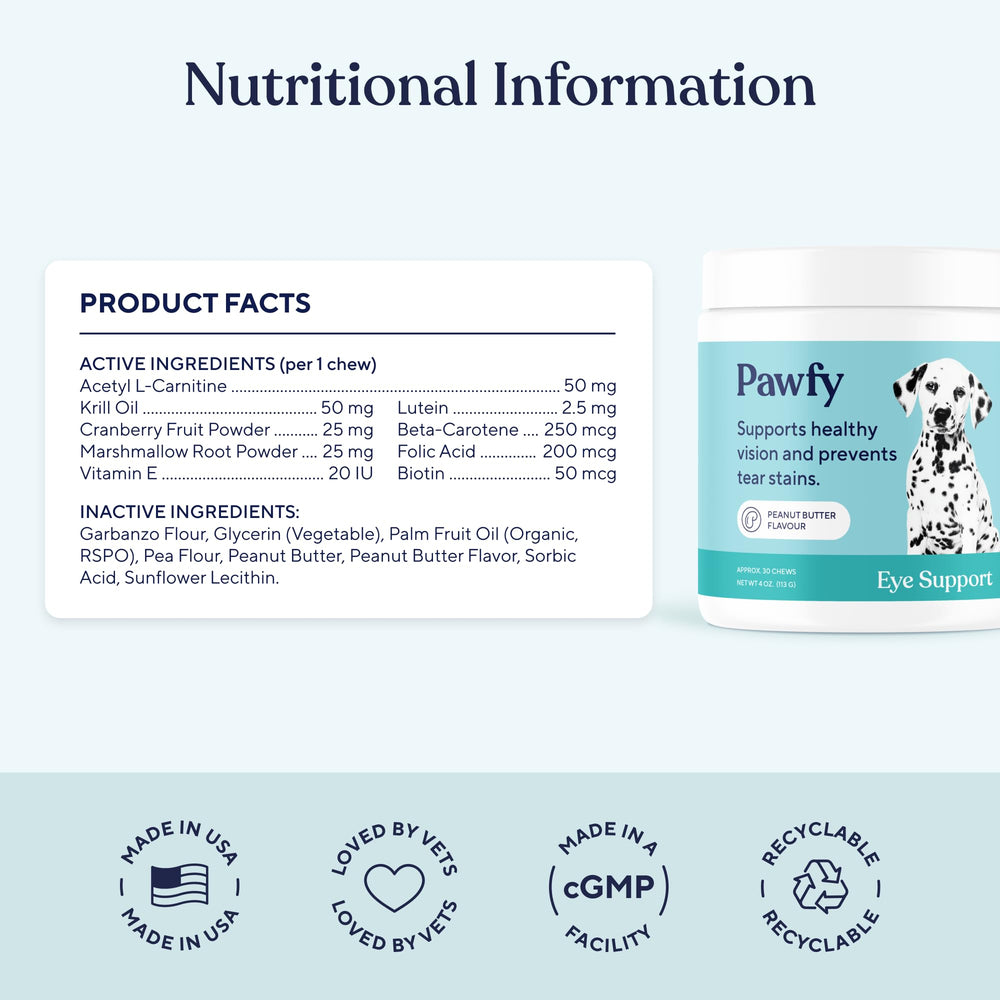 Pawfy Eye Support Soft Chews, huile de krill, soutien potentiel pour les yeux.