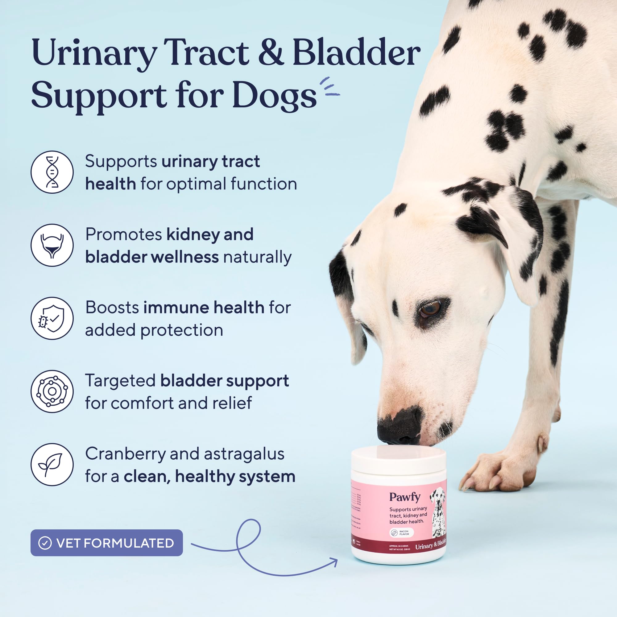 Pawfy, complément chien canneberge et D-mannose, soutien quotidien de l'appareil urinaire.