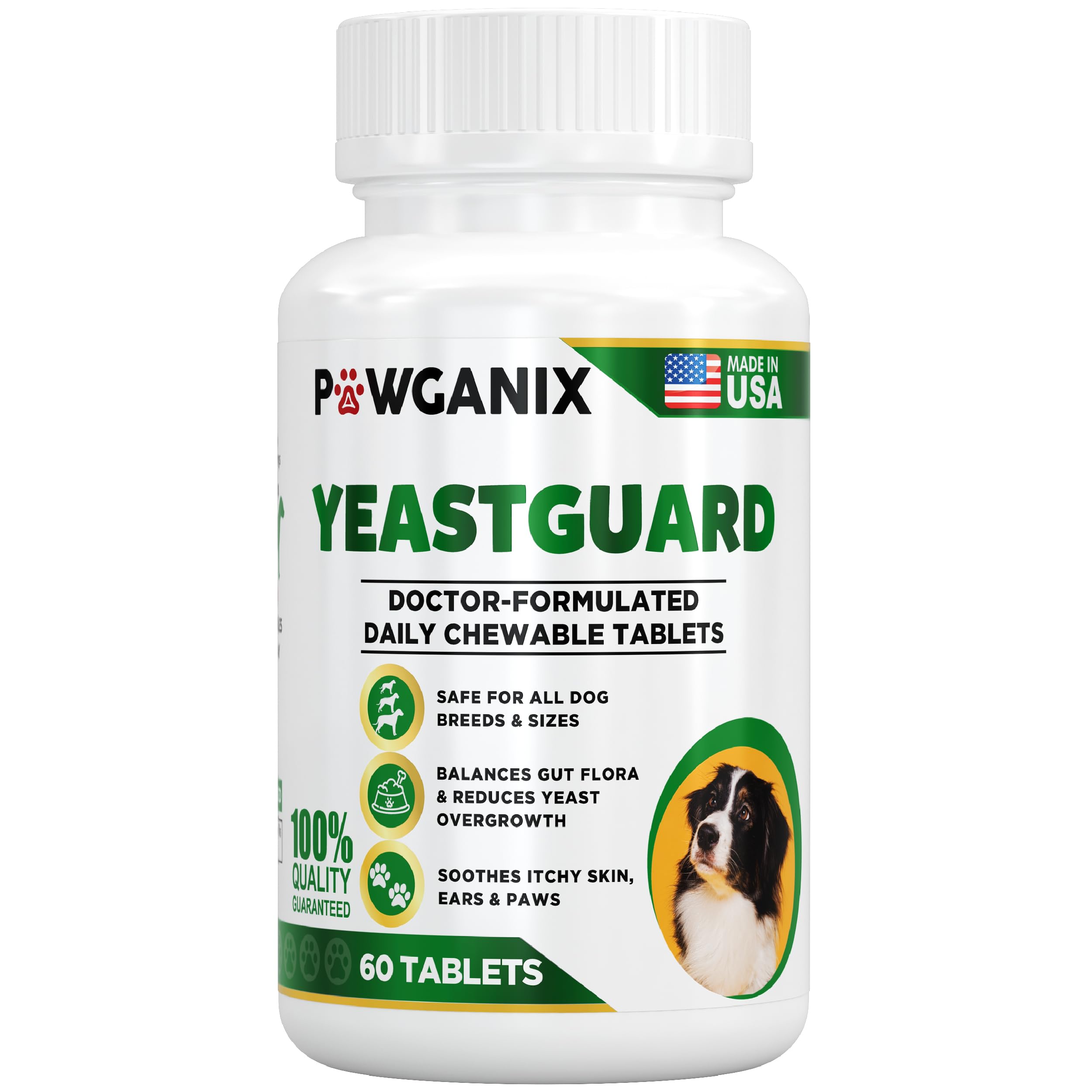 Pawganix YeastGuard montre une boîte de 60 pastilles faciles à mâcher pour chiens.
