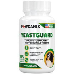 Pawganix YeastGuard montre une boîte de 60 pastilles faciles à mâcher pour chiens.