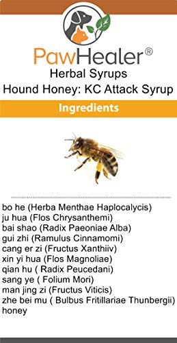 PawHealer Hound Honey Sirop, étiquetage clair avec ingrédients naturels.