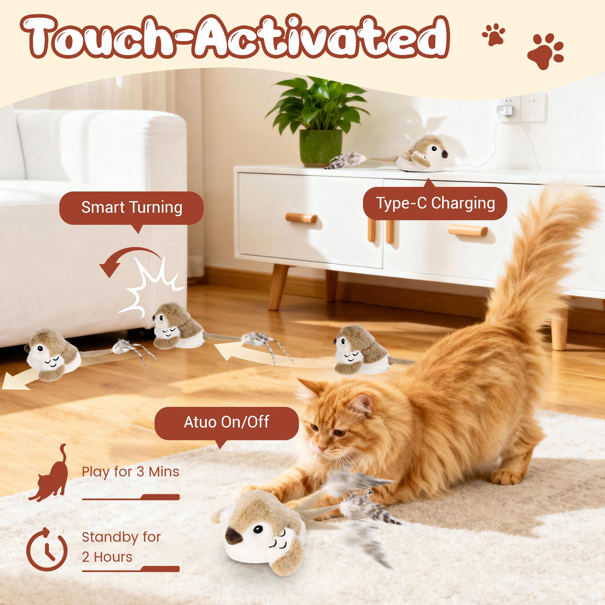 Pawingcat Oiseau Interactif, roues détachables facilitent le nettoyage.