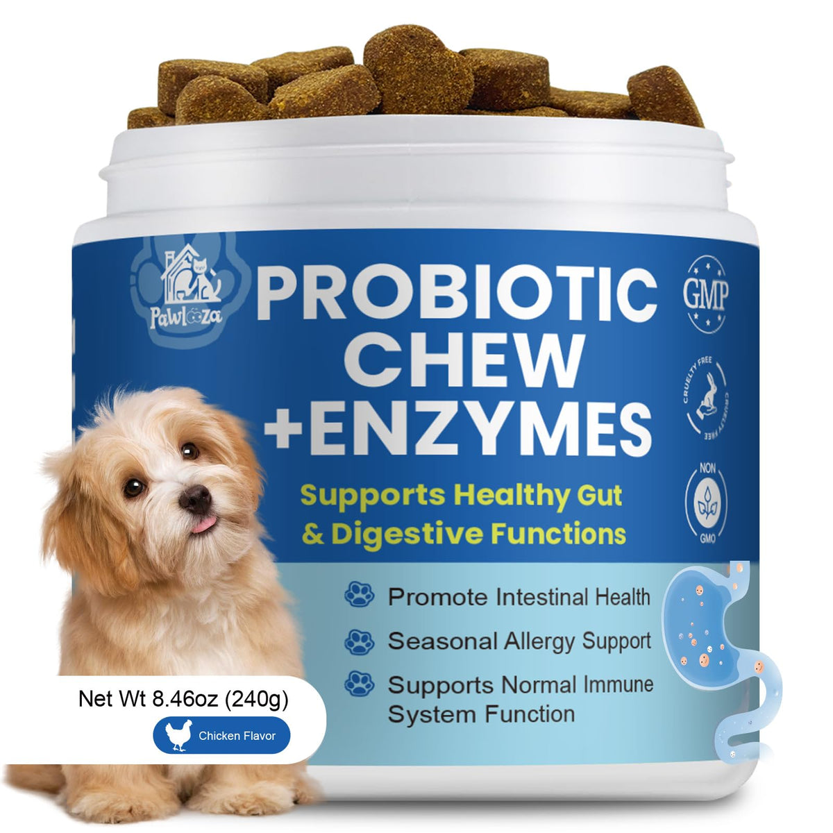 Pawlooza Probiotiques chiens – bouchées allergie: soutien peau et confort.