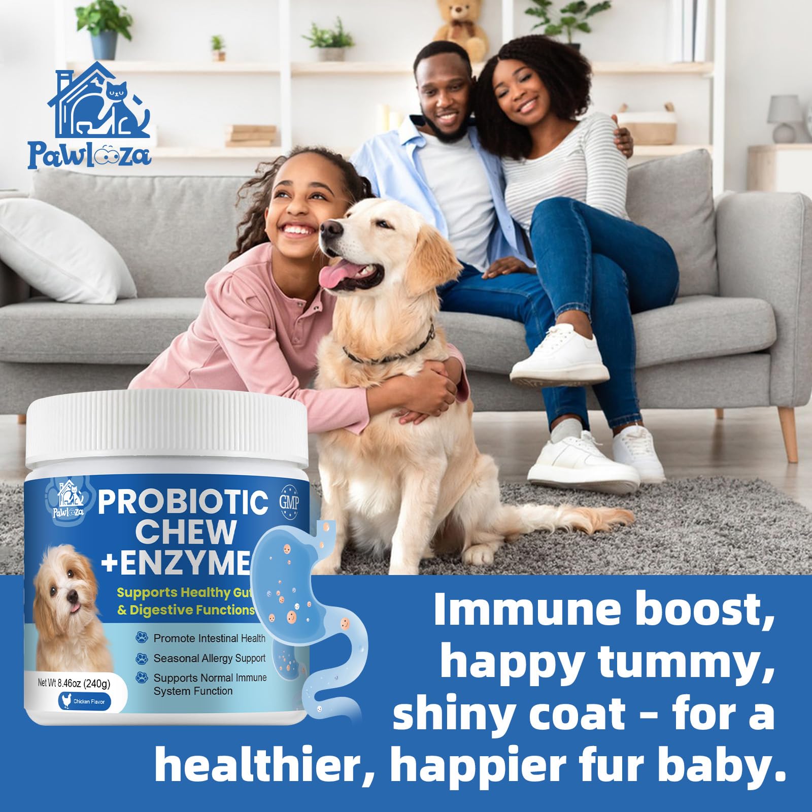 Pawlooza Probiotiques chiens – prébiotiques FOS favorisant les bonnes bactéries.