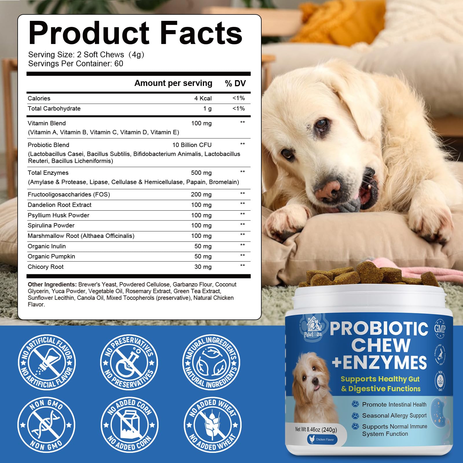 Pawlooza Probiotiques chiens – vitamines essentielles pour l'immunité.
