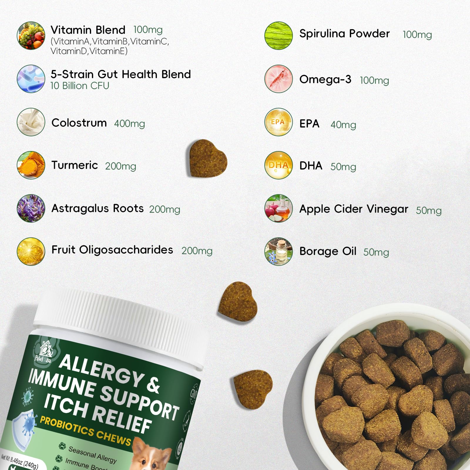 Pawlooza Probiotiques chien: peau et poil brillants grâce à la formulation.