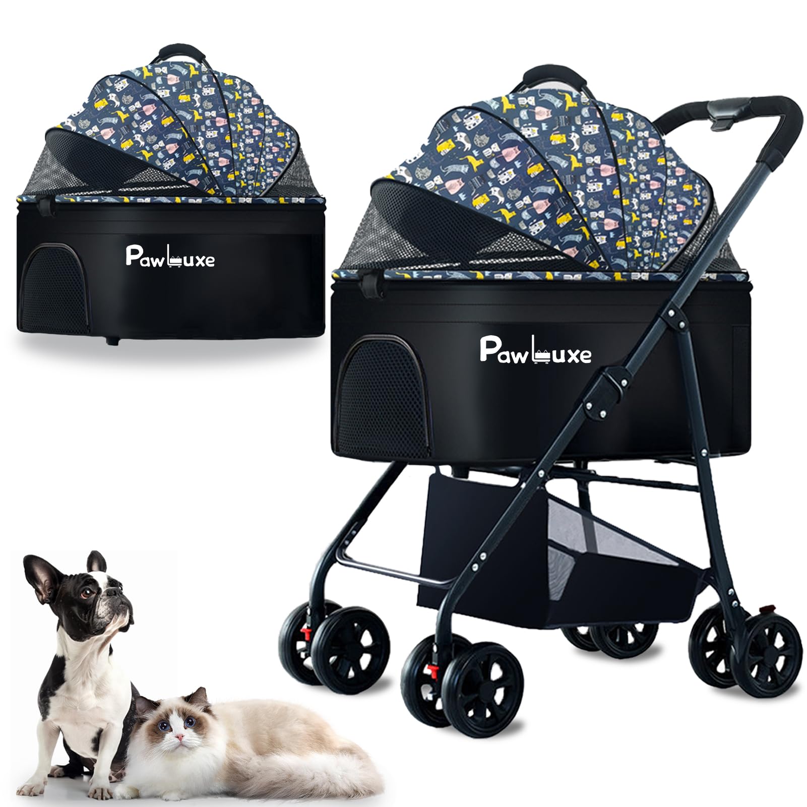 PawLuxe poussette animaux bleu-cartoon : confort et sécurité lors des promenades.