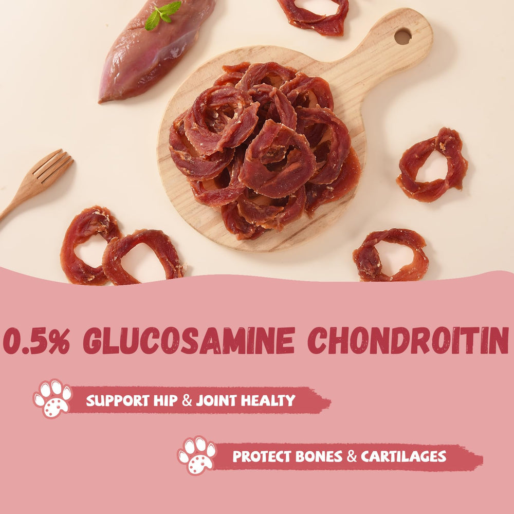 Pawmate Anneaux Canard Jerky soutient la dentition lors du mordillement.