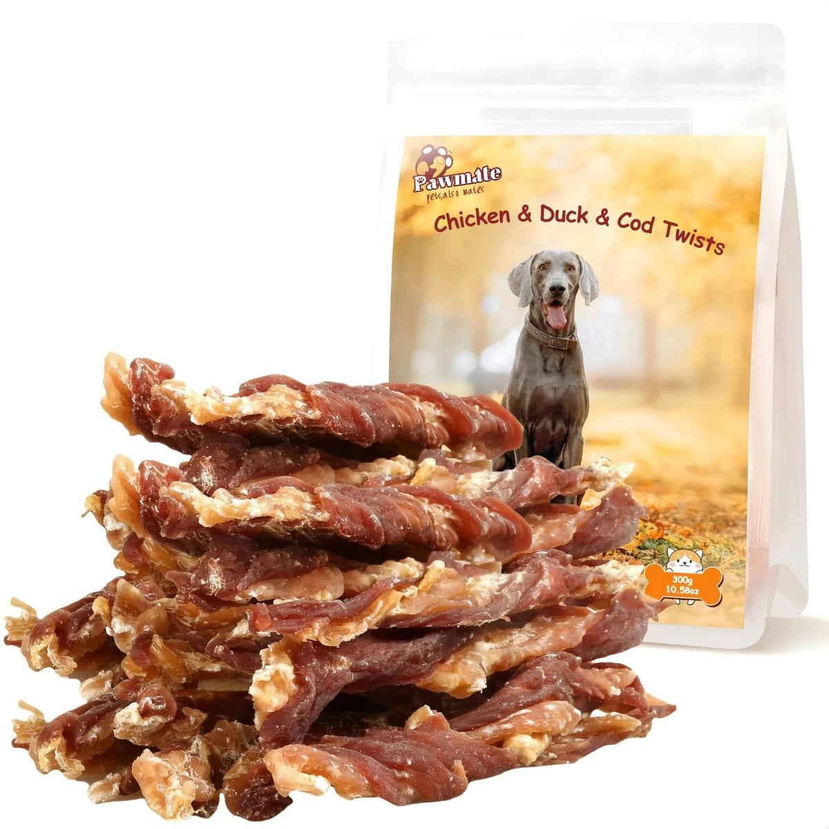 Pawmate bâton triple saveurs en gros plan; goût attrayant pour chiens.