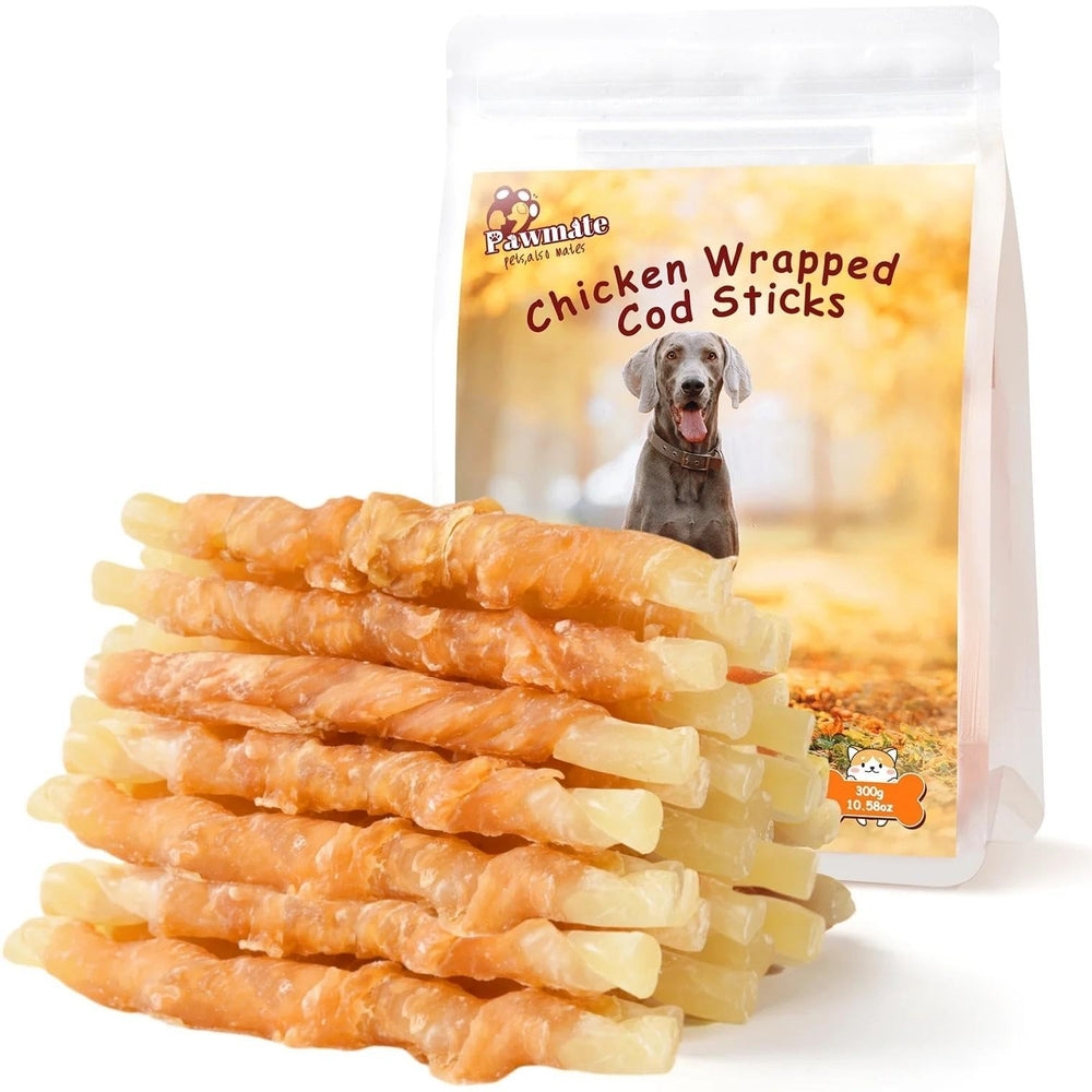 Friandise Pawmate baton nets poulet cod enrobes, idéale pour chiens actifs.