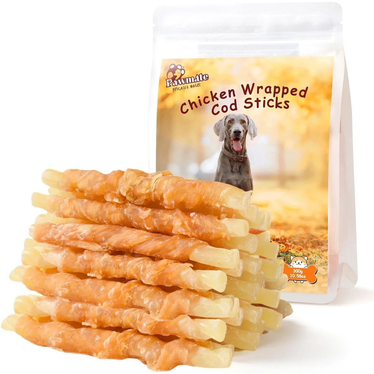 Friandise Pawmate baton nets poulet cod enrobes, idéale pour chiens actifs.