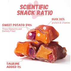 Pawmate bouchées canard patate douce violette : texture mordante idéale pour sessions d'entraînement.