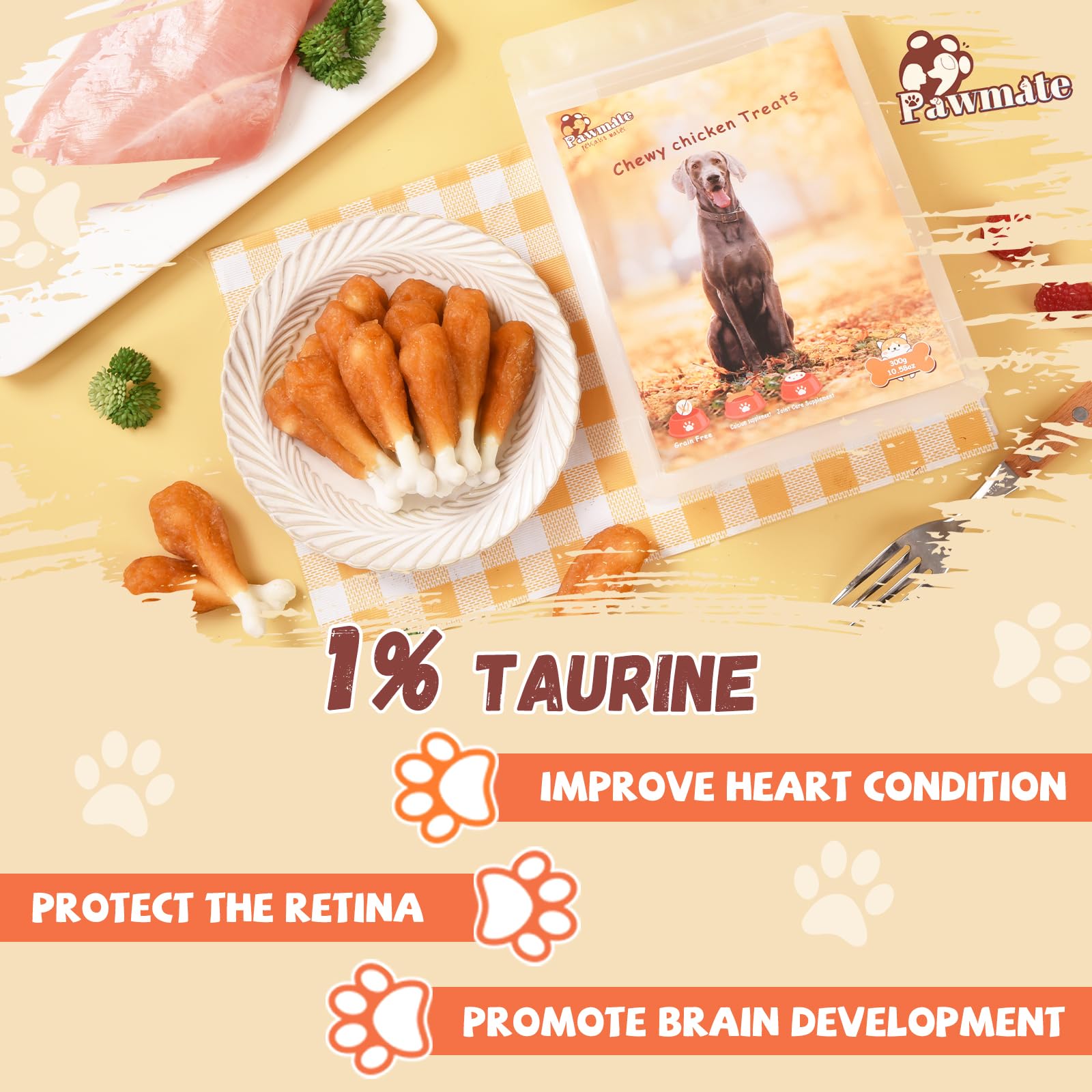 Pawmate: soutien articulations grâce glucosamine-chondroïtine, potentiel confort pour l'activité.