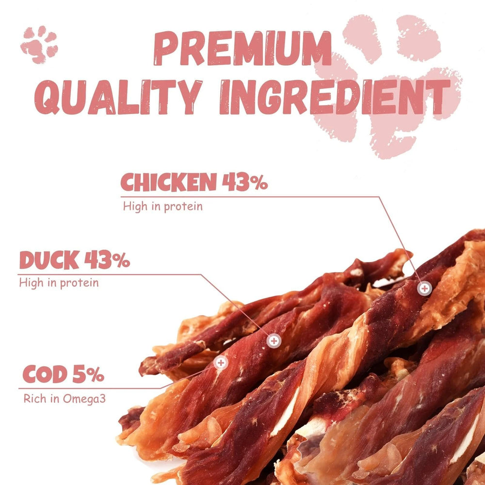 Ingrédients Pawmate: poulet, canard et morue visibles; snack protéiné.