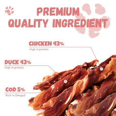 Ingrédients Pawmate: poulet, canard et morue visibles; snack protéiné.