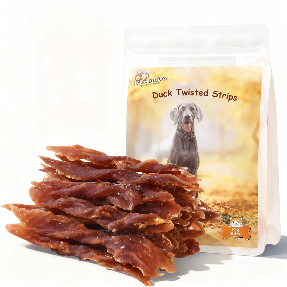 Pawmate jerky canard – tranches naturelles pour récompenser pendant l’entraînement.