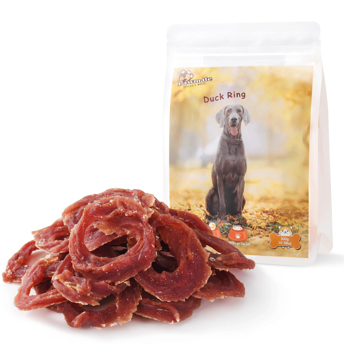 Gâterie Pawmate Anneaux Canard Jerky, paquet visible prêt à offrir.