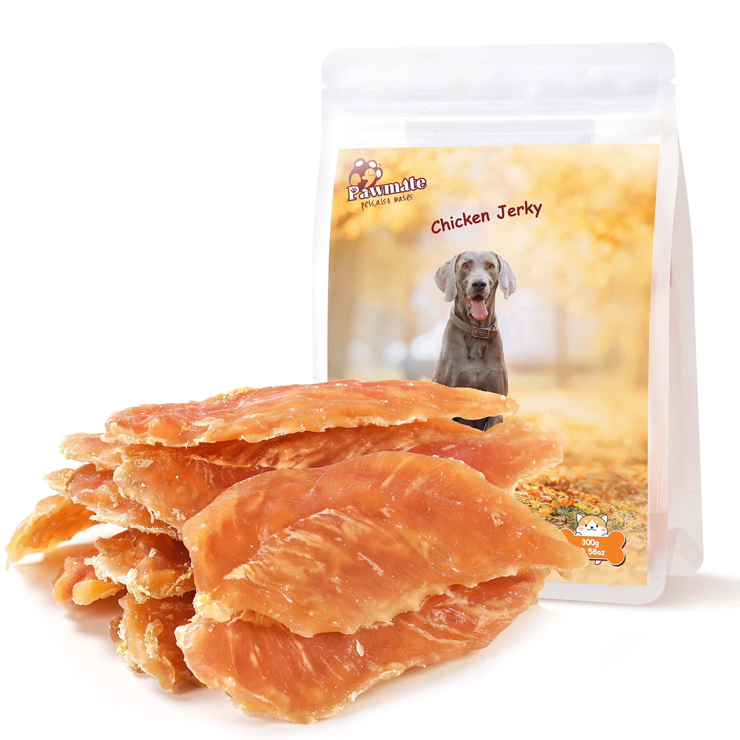 Pawmate sachet poulet jerky, friandise pratique pour entraînement.