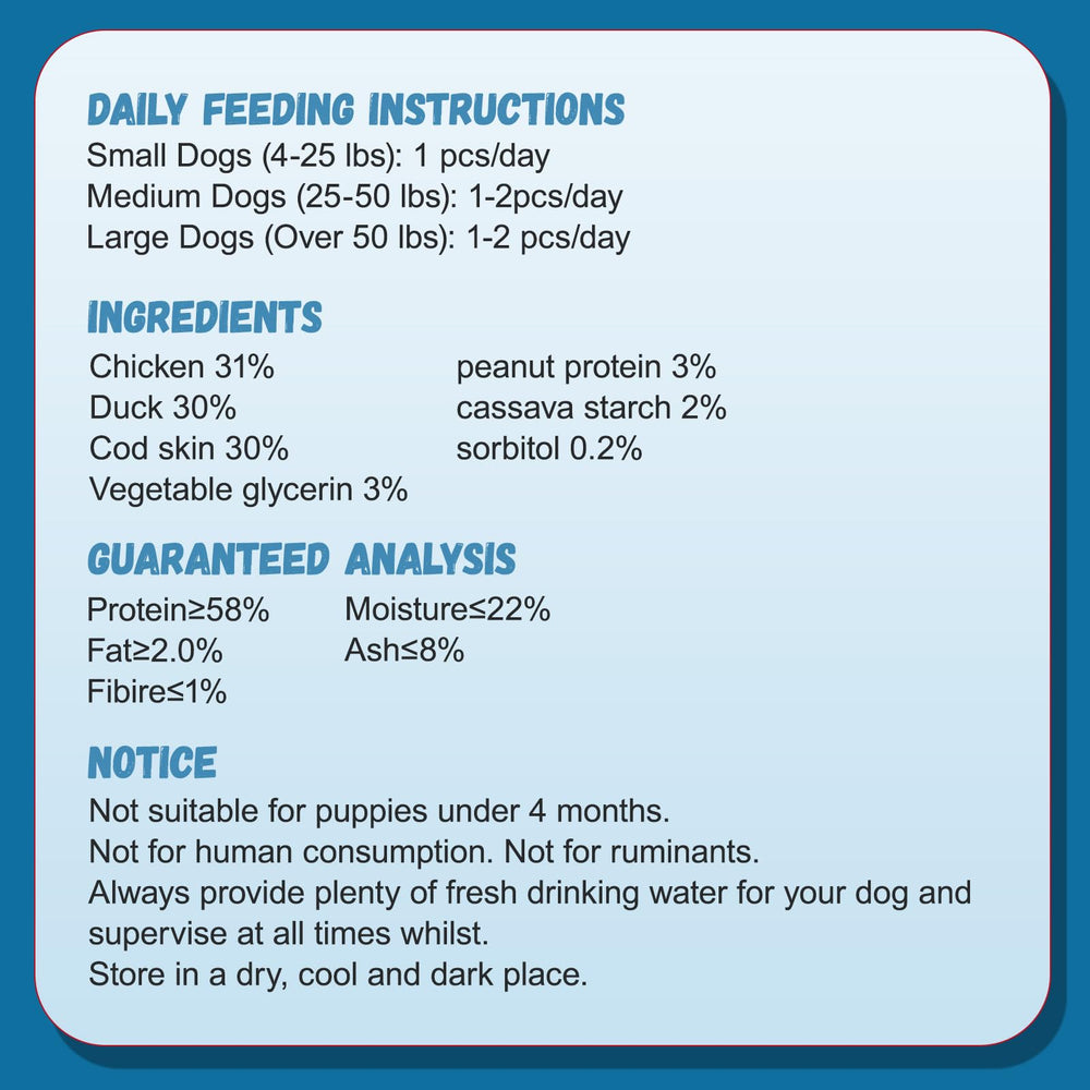 Friandises sans cuir brut, digestion potentiellement plus facile pour certains chiens.