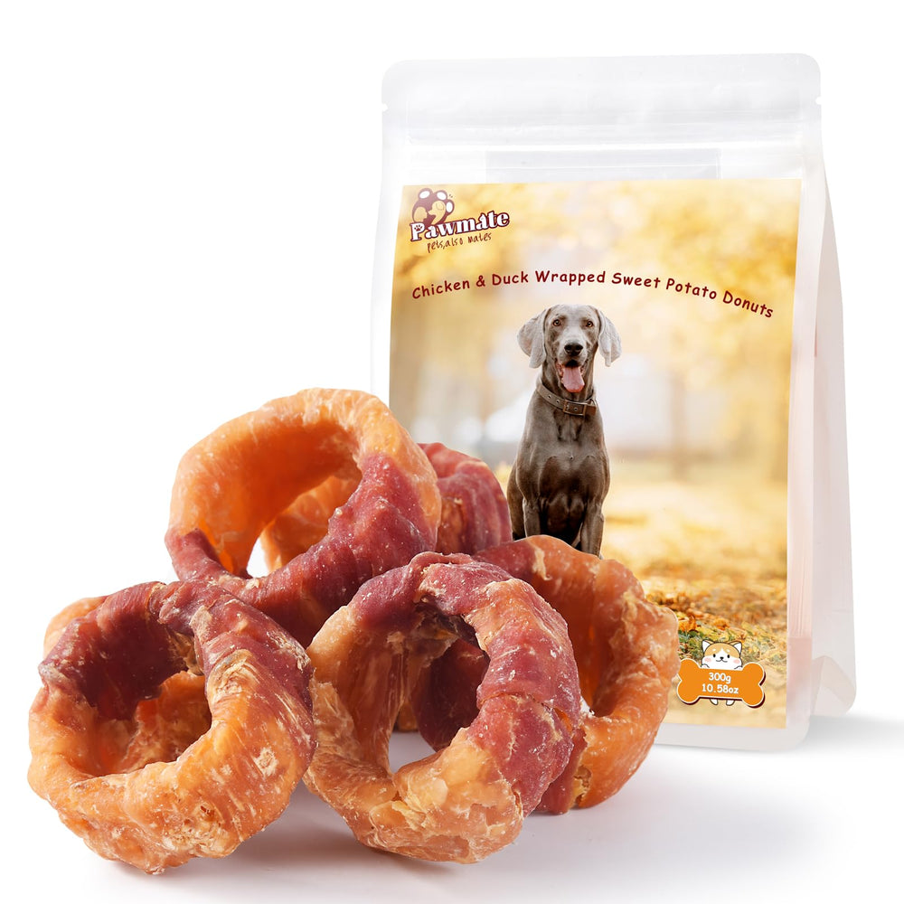 Pawmate Sweet Potato Donuts emballage clair, stockage pratique pour le foyer.
