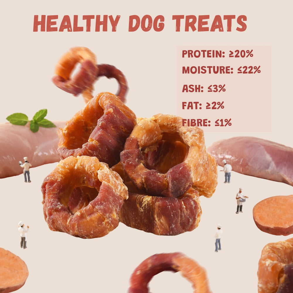Pawmate Sweet Potato Donuts enrobes-poulet-canard, récompense savoureuse pour l'entraînement.