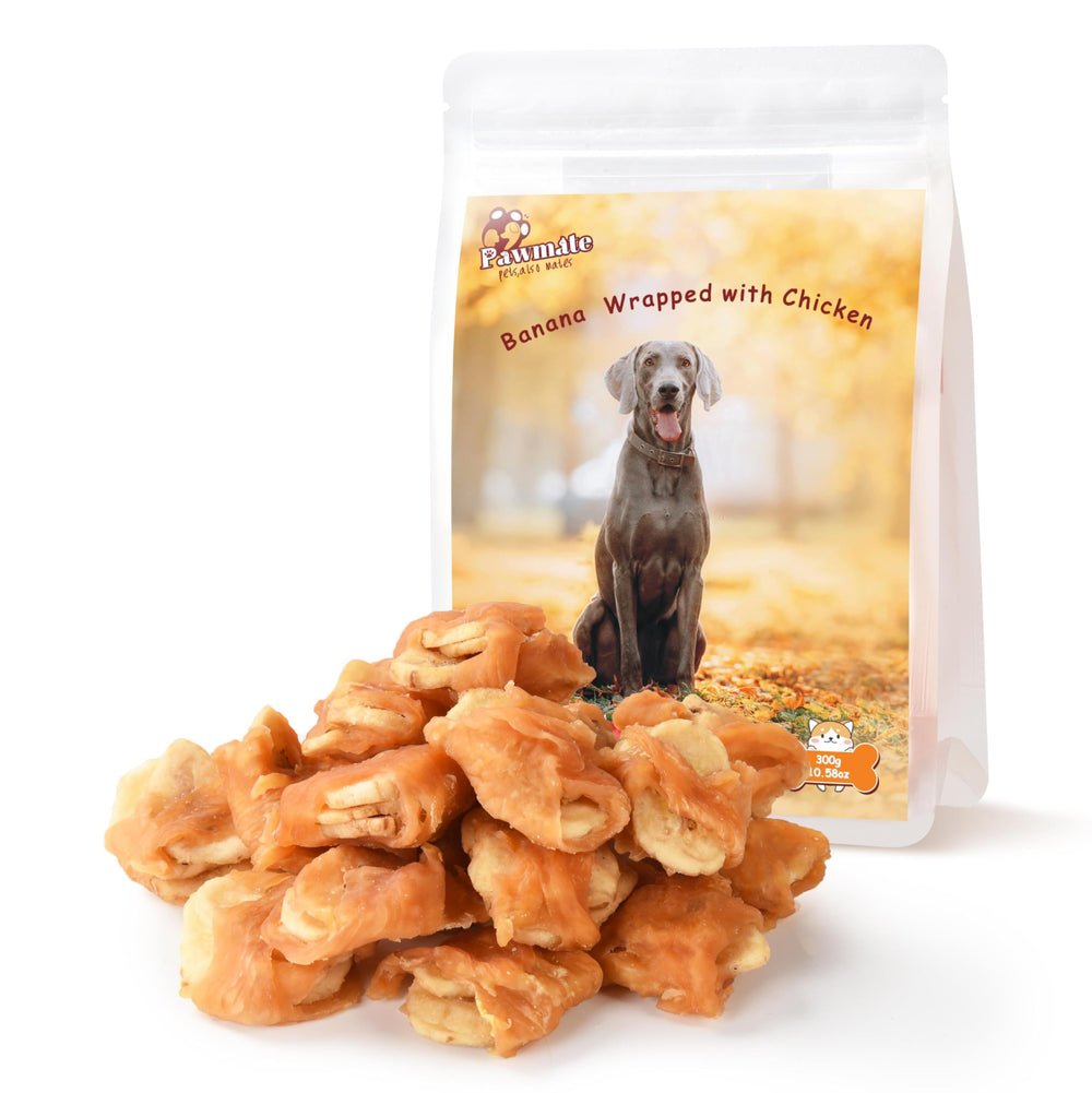 Friandises Pawmate tranches banane enrobées de poulet, idéales pour l'entraînement.