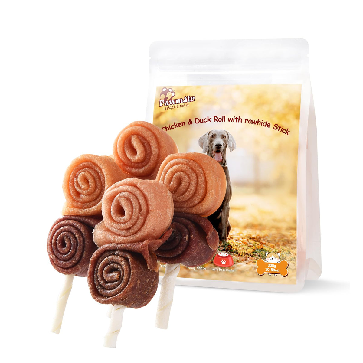 Pawmate triple saveur sucette poulet et canard pour chiens, friandise longue durée.