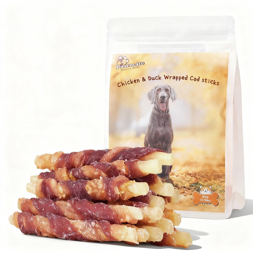 Pawmate friandises triple saveur emballage, récompense pratique lors de l'entraînement.