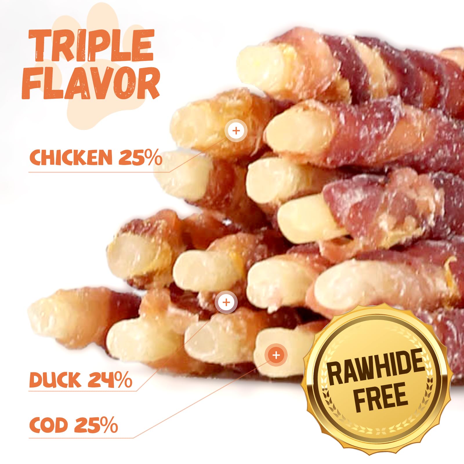 Friandises Pawmate tranches cod morue enveloppée, source protéique variée pour chien.