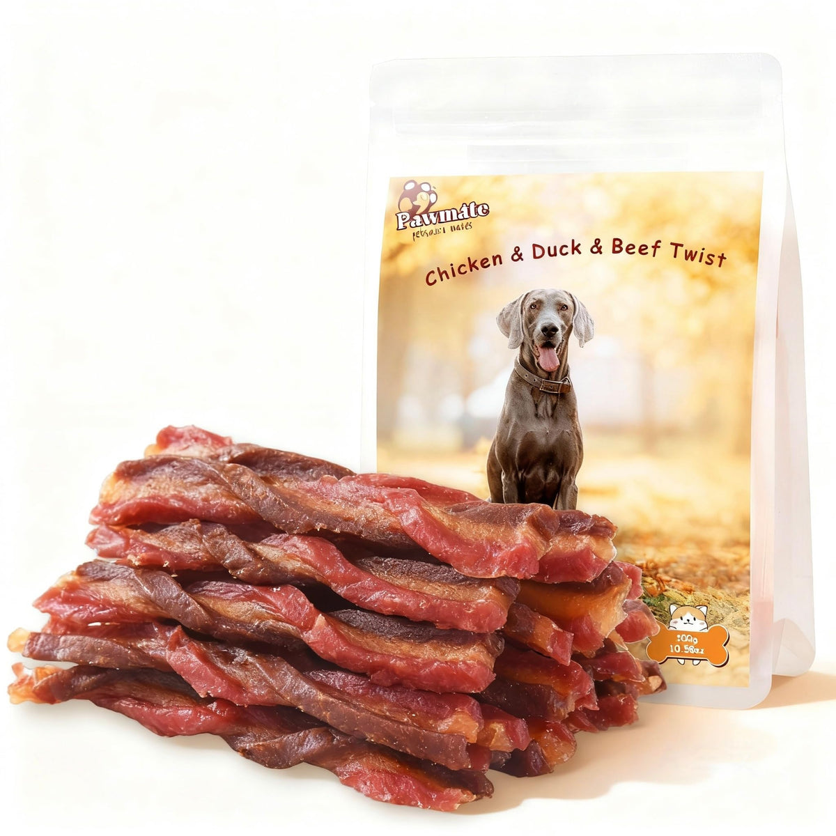 Pawmate triple saveurs poulet canard boeuf – bouchées appétentes pour chiens actifs.