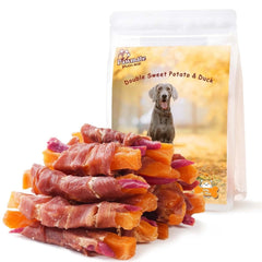 Pawmate enroulés canard patate douce violette : emballage clair et en-cas savoureux.