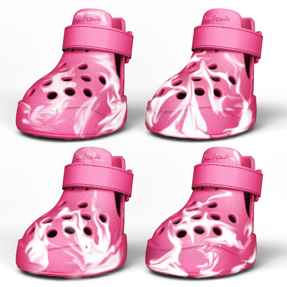 PawPosh, chaussures chien rose marbré, vue avant, protection et confort lors des promenades.