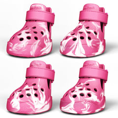 PawPosh, chaussures chien rose marbré, vue avant, protection et confort lors des promenades.