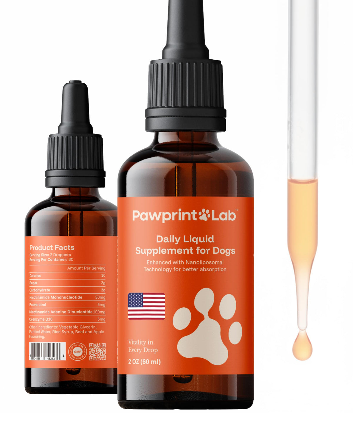 PAWPRINT LAB gouttes nanoliposomales pour la longévité du chien.