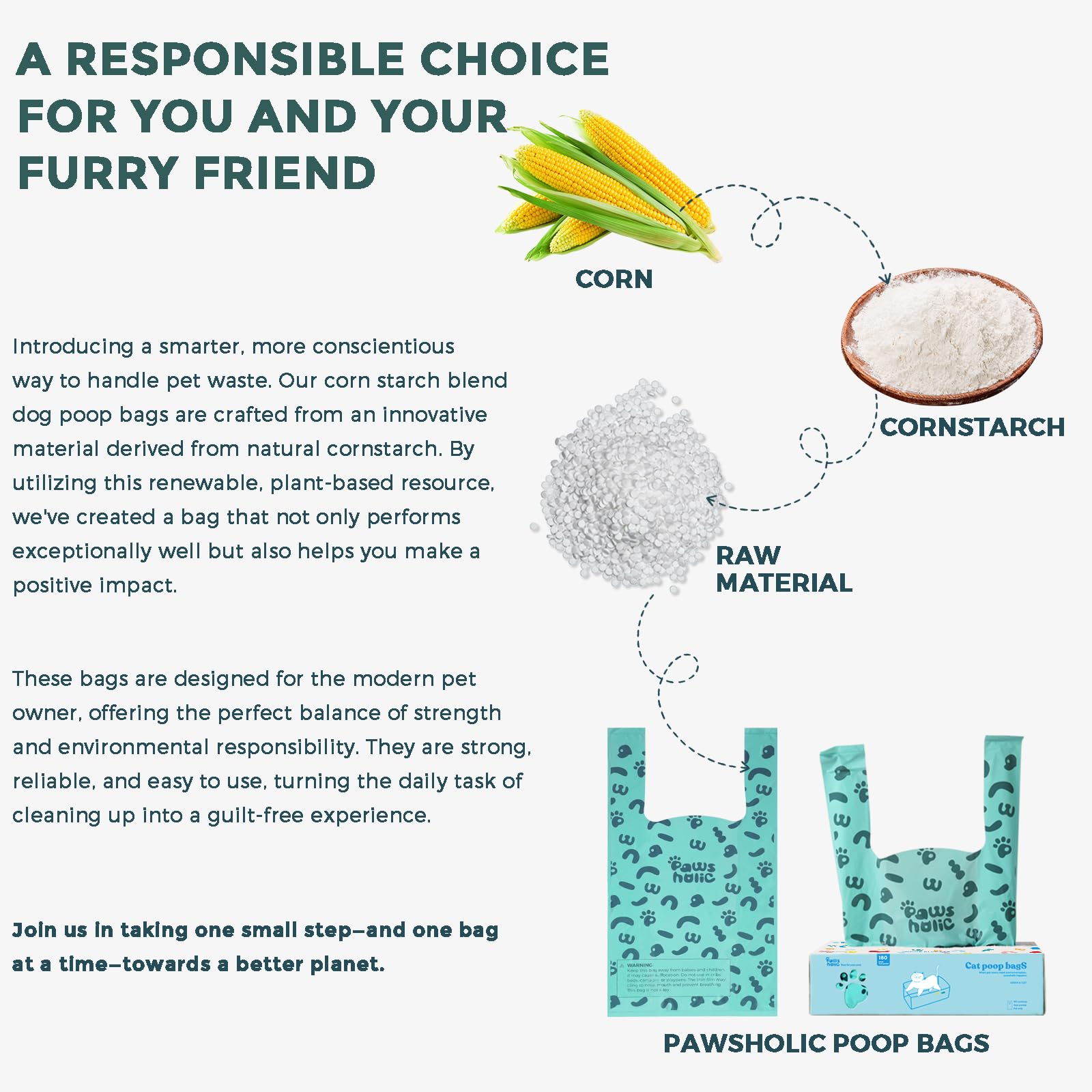 PAWSHOLIC sacs écologiques à base de plantes, polyvalents pour différents déchets.