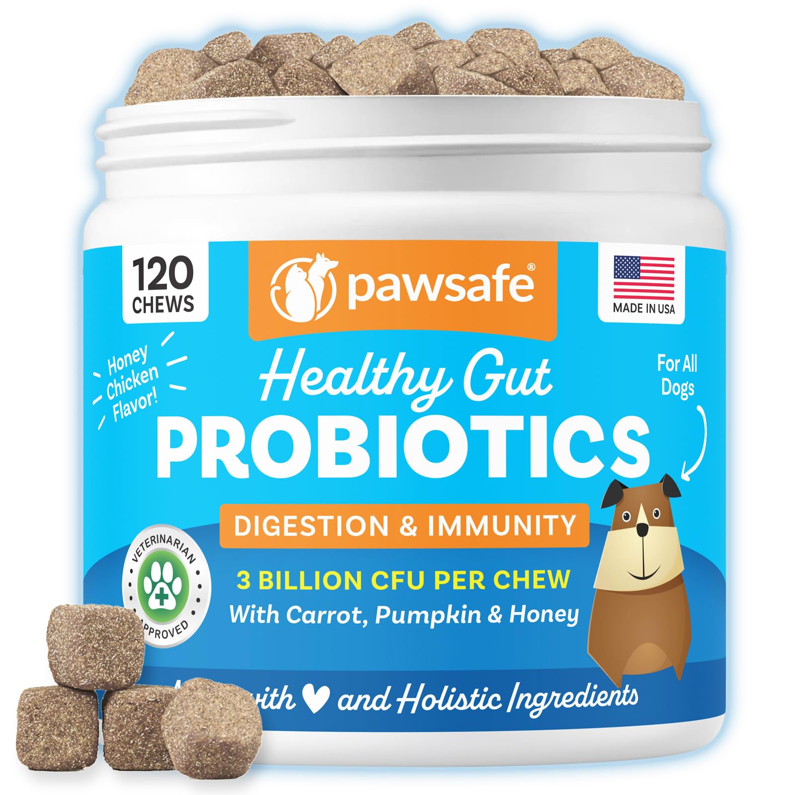 PawSafe Probiotiques Chiens – Bouteille, soutien digestion potentiel.