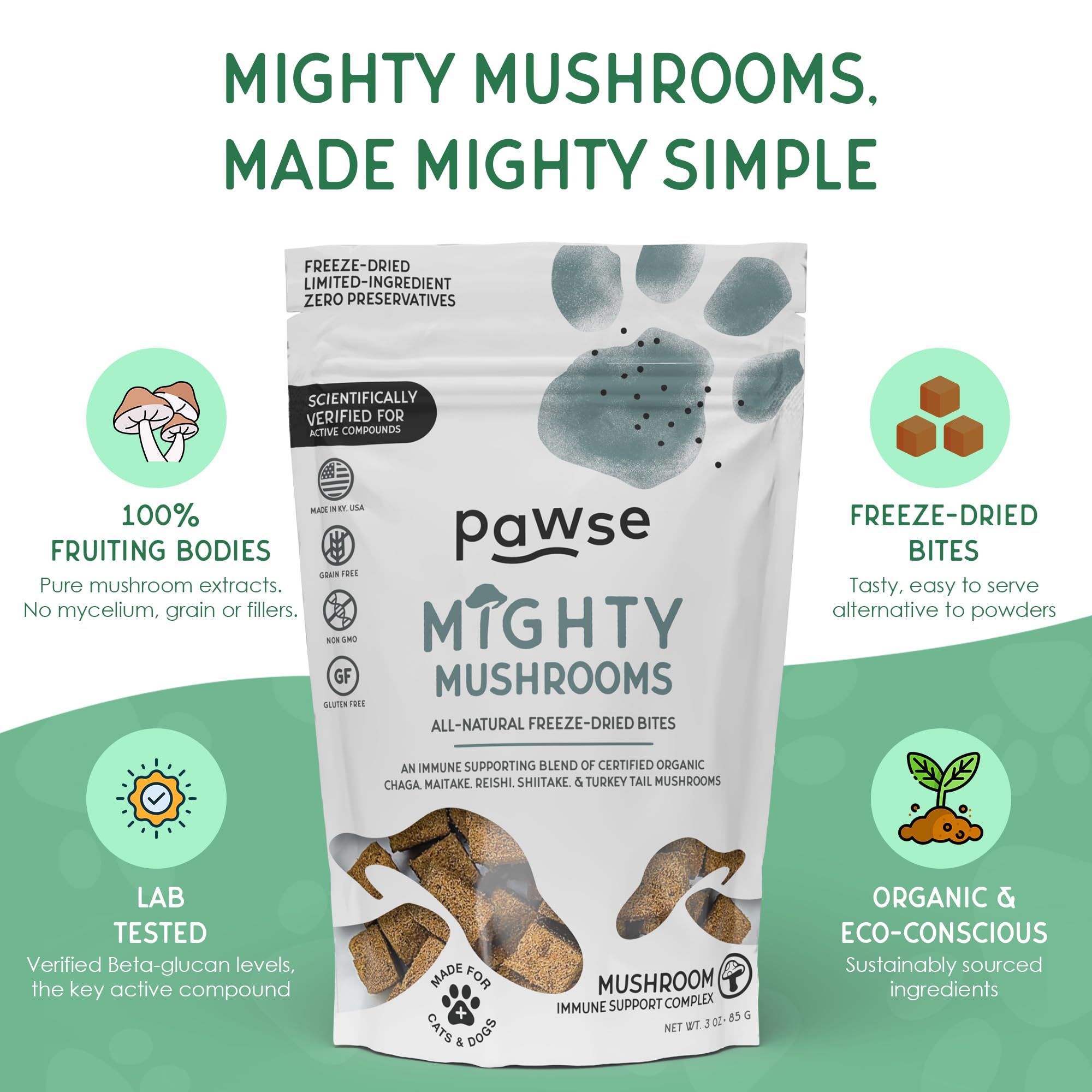 Pawse Mighty Mushroom Chews dose quotidienne facile, pratique à ajouter au repas.