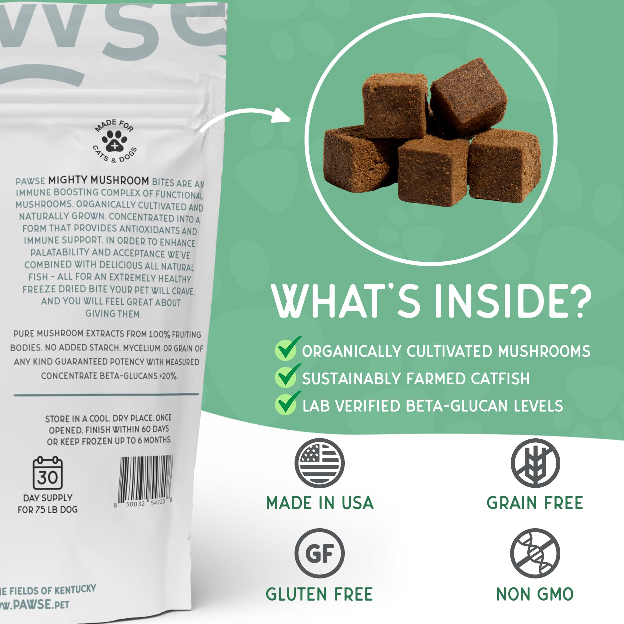Pawse Mighty Mushroom Chews étiquette naturelle, ingrédients sans céréales ni additifs.