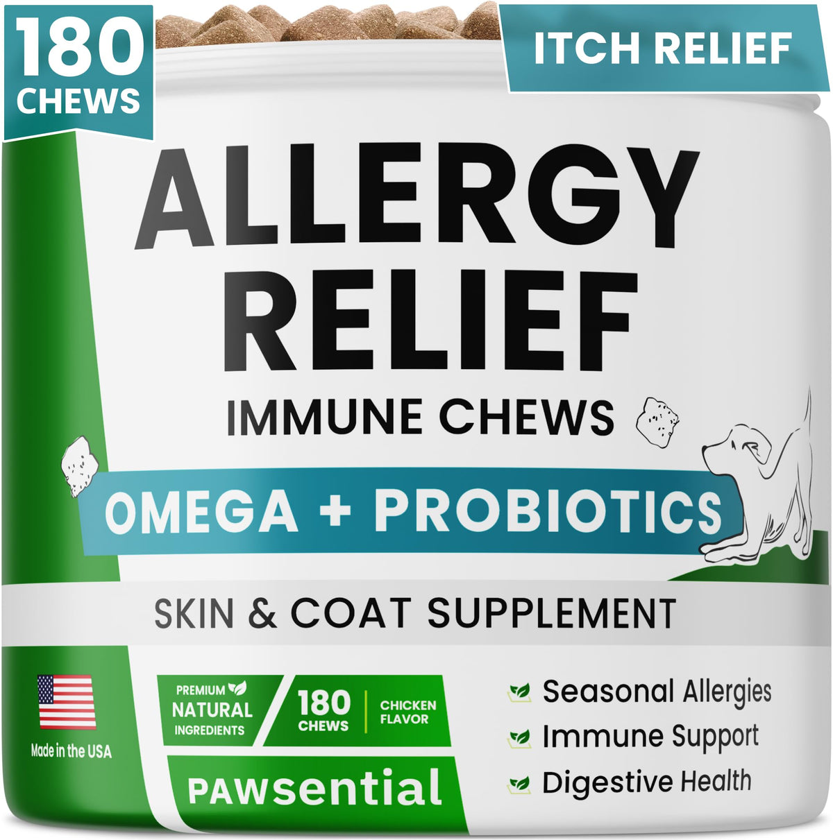 PAWSENTIAL Allergy Relief Chews – emballage prêt à l’emploi pour chiens sensibles