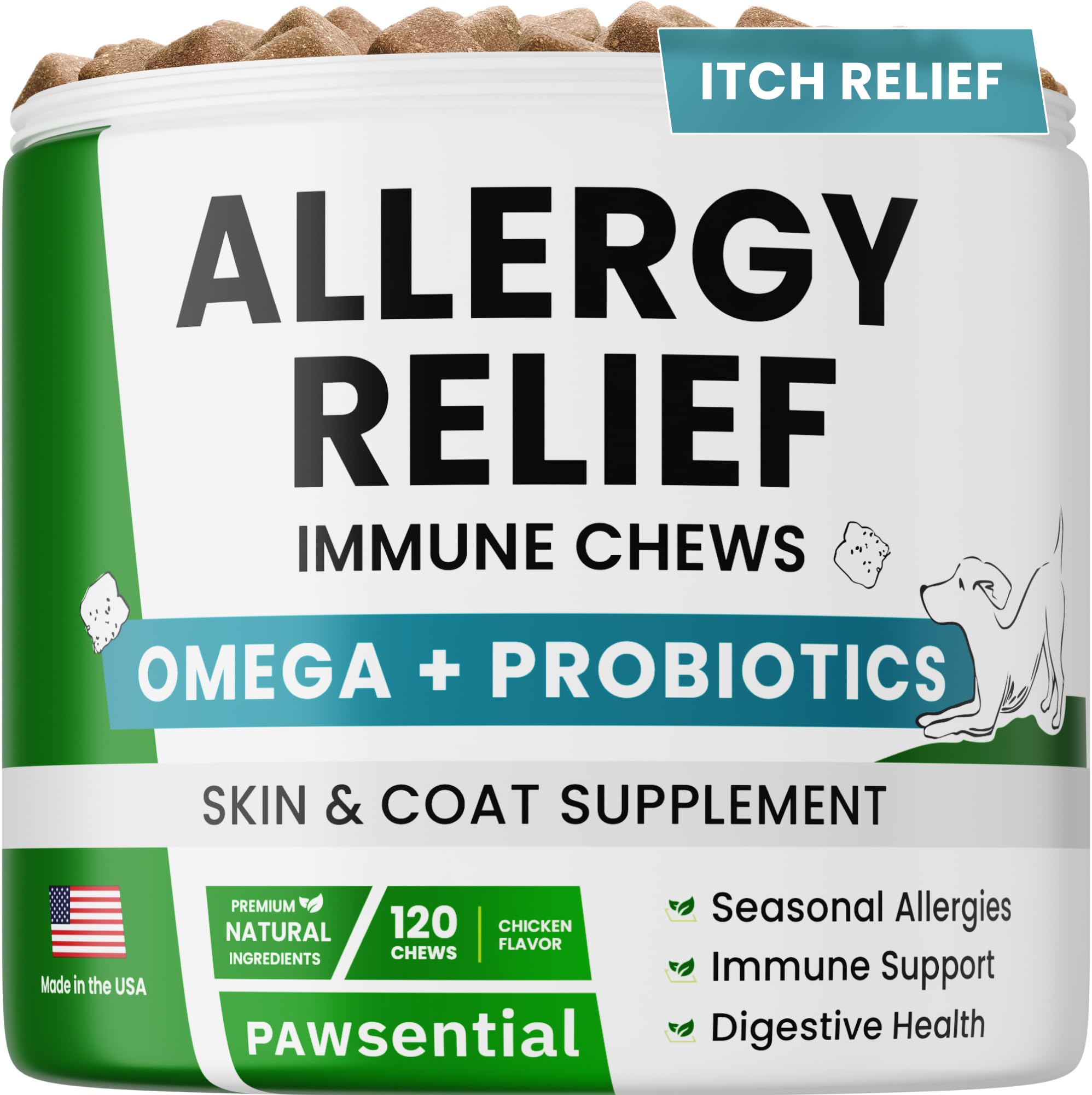 PAWSENTIAL bouchées relief allergie chien: soulage démangeaisons et peau saine.