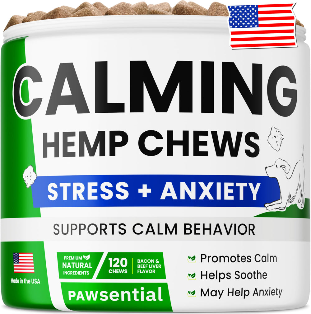 Pawsential – Bouteille de friandises apaisantes pour chien, favorisant la relaxation.
