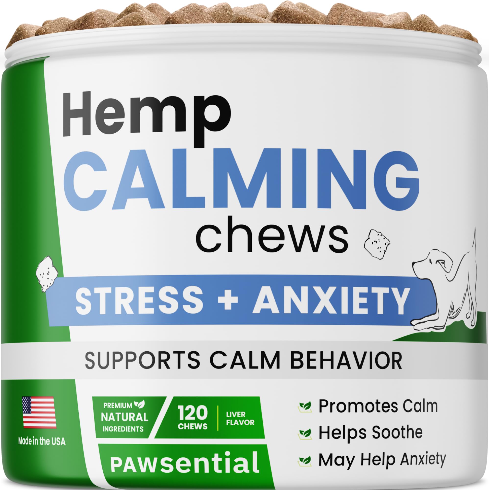 Gommes apaisantes Pawsential en bouteille favorisant la détente du chien.