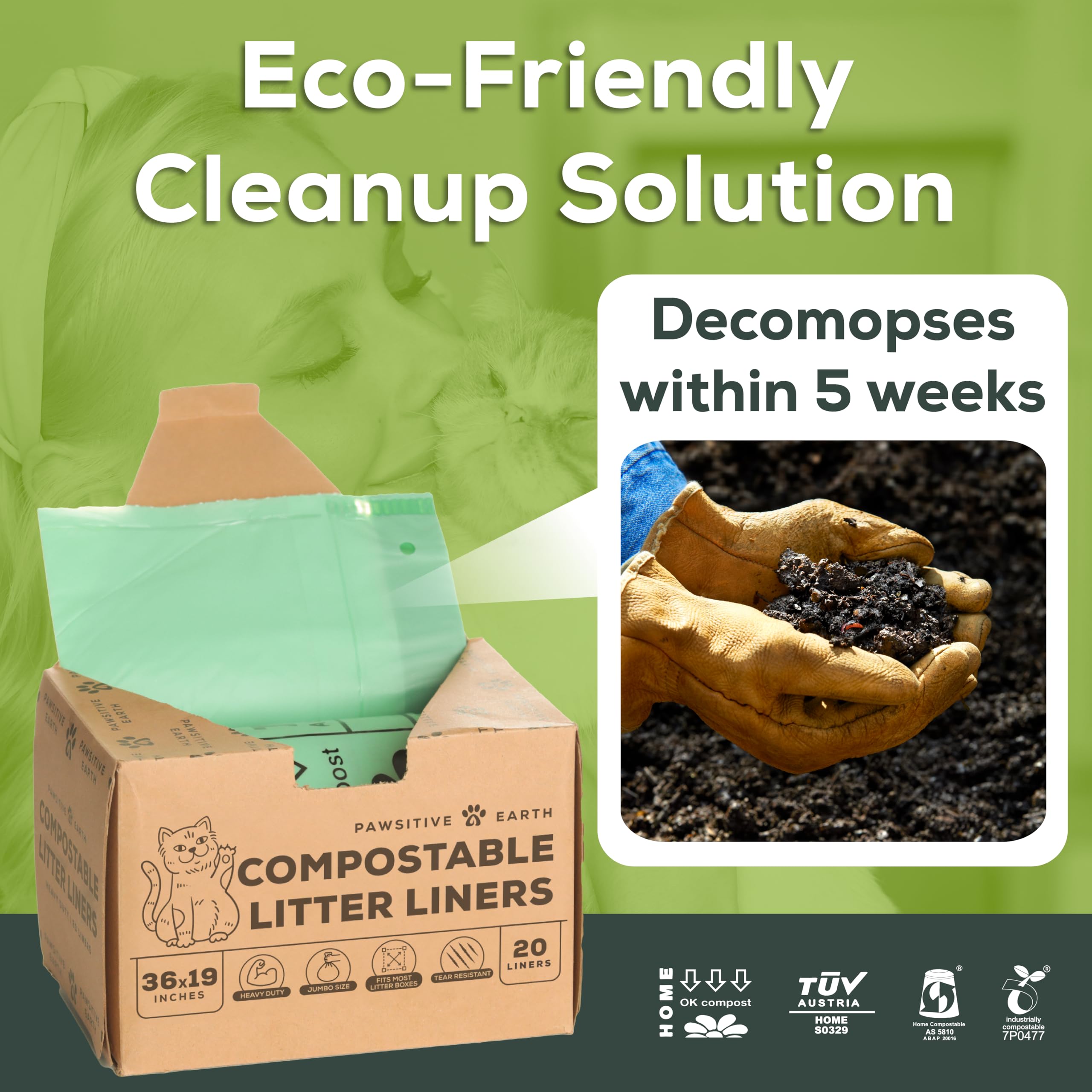 Pawsitive Earth avec certification OK Compost Home, biodégradabilité domestique garantie.