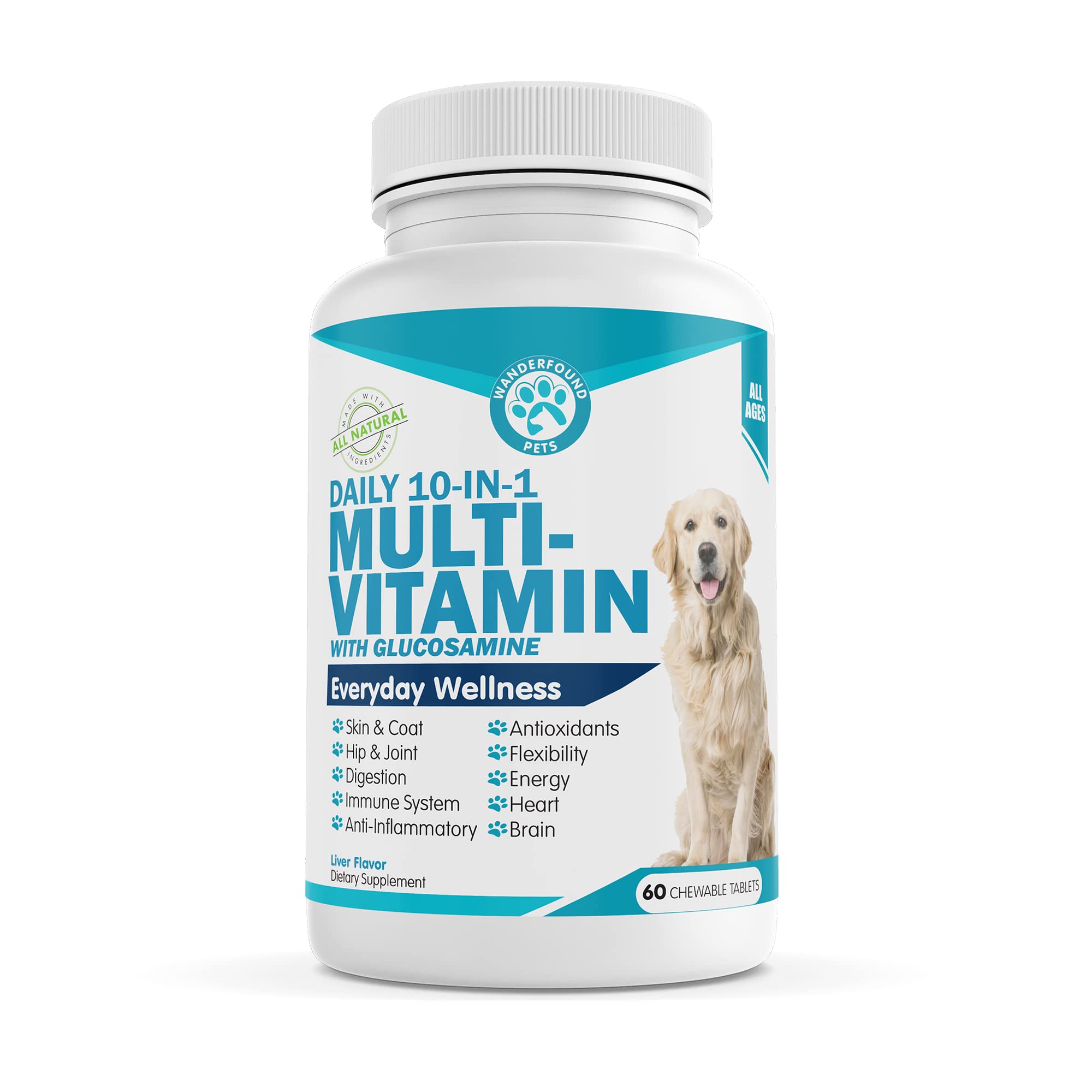 Pawsitive Wanderfound 10-en-1 tablettes chien: nutriments essentiels et appétence de foie.